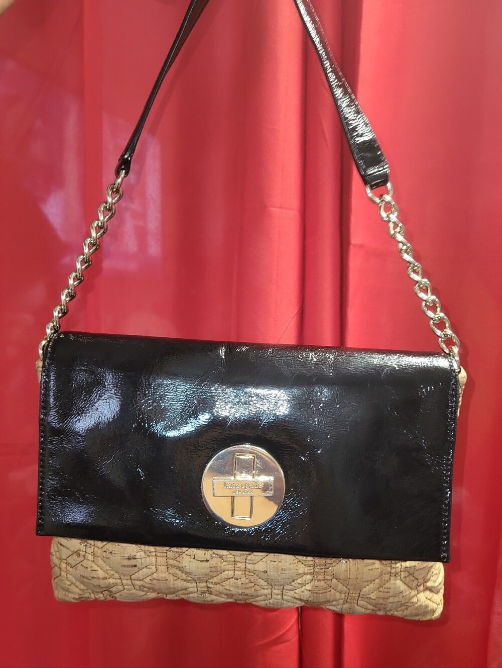 kate spade Black Patent & Beige Shoulder Bag with Gold Chain